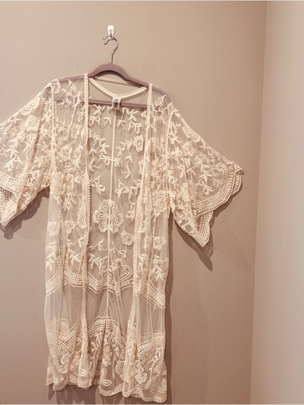 Sheer Floral Embroidered Kimono Robe Cream Lace Festival Casual Boho Cover Up